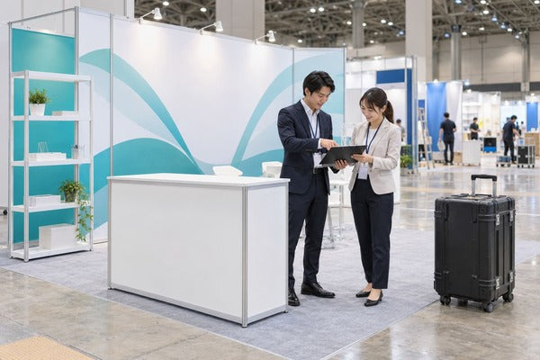 展示会ブースでレンタル備品の配置と準備状況を確認する担当者｜レンタル1番ドットコム