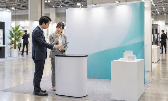 展示会の背景ディスプレイとカウンターの使い方を相談する担当者｜レンタル1番ドットコム