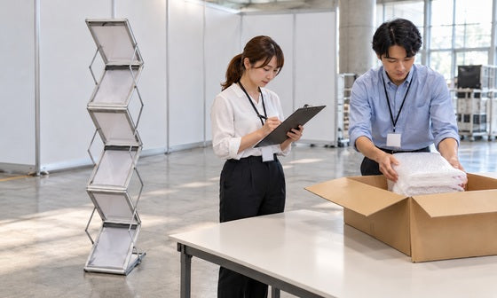 展示会の撤収に合わせてレンタル備品の返却と梱包を進めるスタッフ｜レンタル1番ドットコム