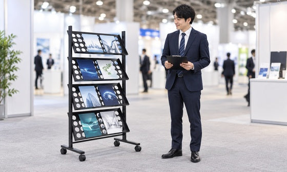 展示会でカタログスタンドに資料を並べて配布準備をするスタッフ｜レンタル1番ドットコム