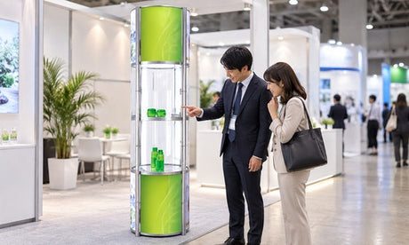 展示会ブースでLEDタワーショーケースの展示品を見る来場者｜レンタル1番ドットコム