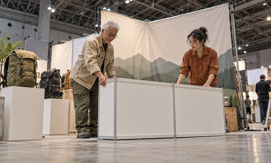 アウトドア用品の展示会でカウンターと背景ディスプレイを準備するスタッフ｜レンタル1番ドットコム