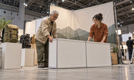 アウトドア用品の展示会でカウンターと背景ディスプレイを準備するスタッフ｜レンタル1番ドットコム