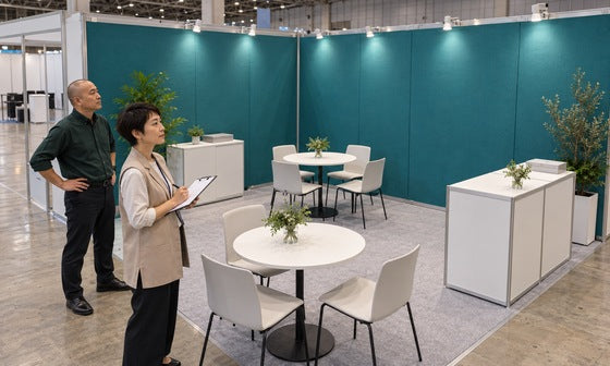 展示会の相談スペースで備品配置と記録を確認する担当者｜レンタル1番ドットコム